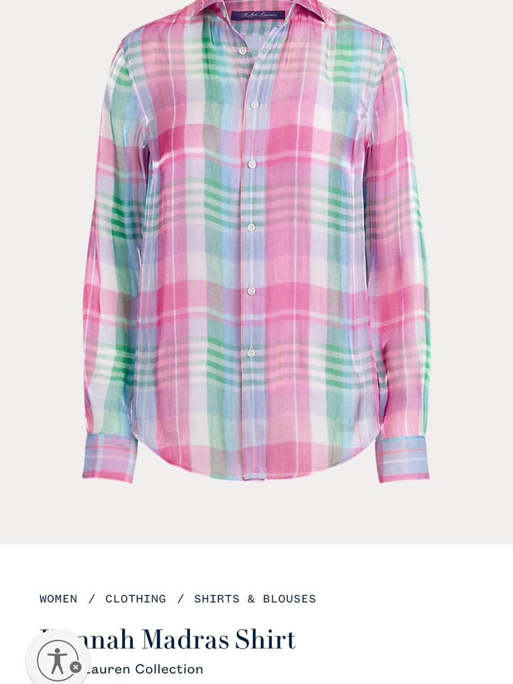 Ralph Lauren Pink Green Blue Plaid Madras Button-Up Blouse
